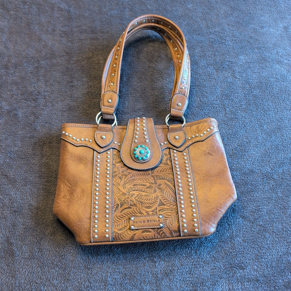 Rein & Bridle Brown Tooled Faux Leather Western Studded Turquoise Medallion Bag